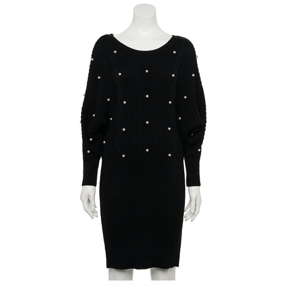 NWT Almost Famous Black Long Sleeve Sweater Dress with Pearl Details